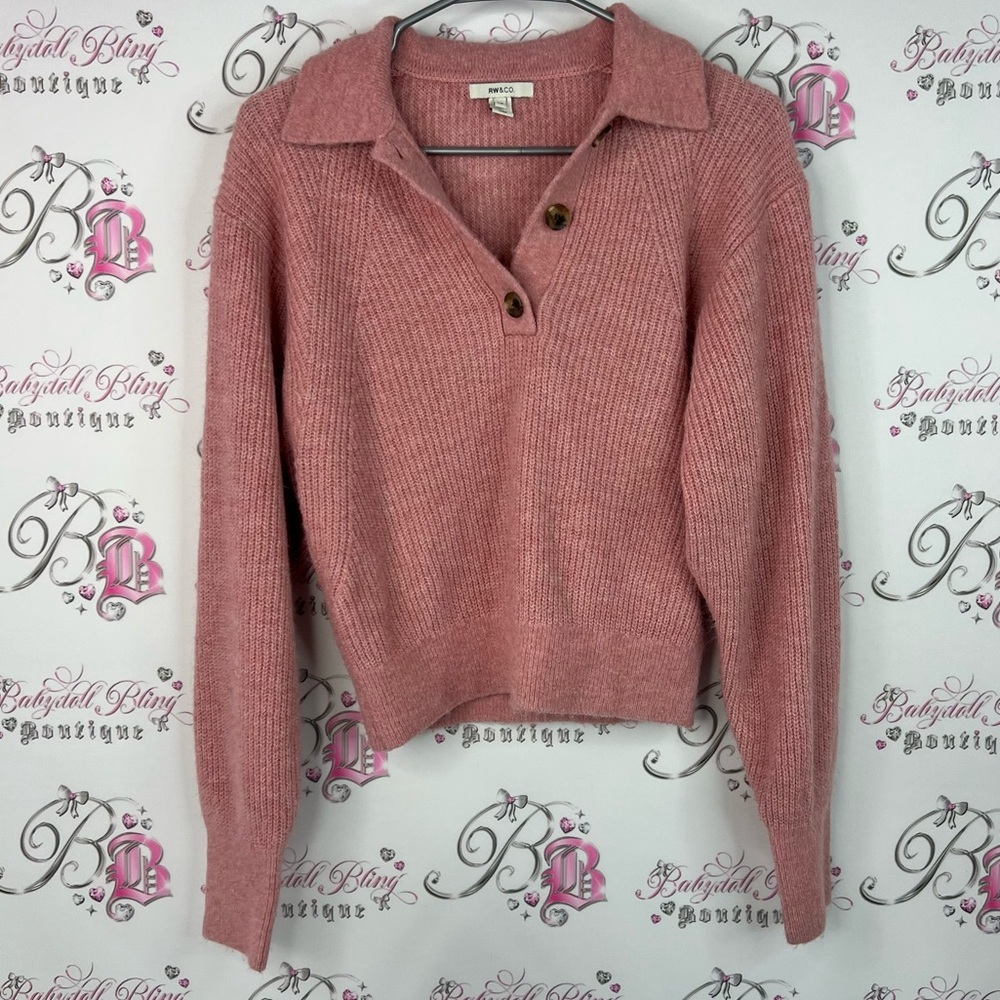 RW&CO. Sweater pull over buttons half Pink V-Neck Sweater with Button Detail